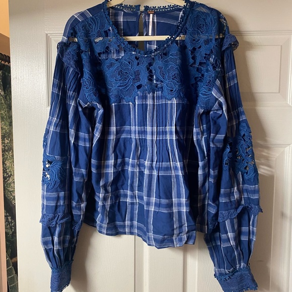 Plaid Free People Top. Gorgeous lace details! - Picture 1 of 6